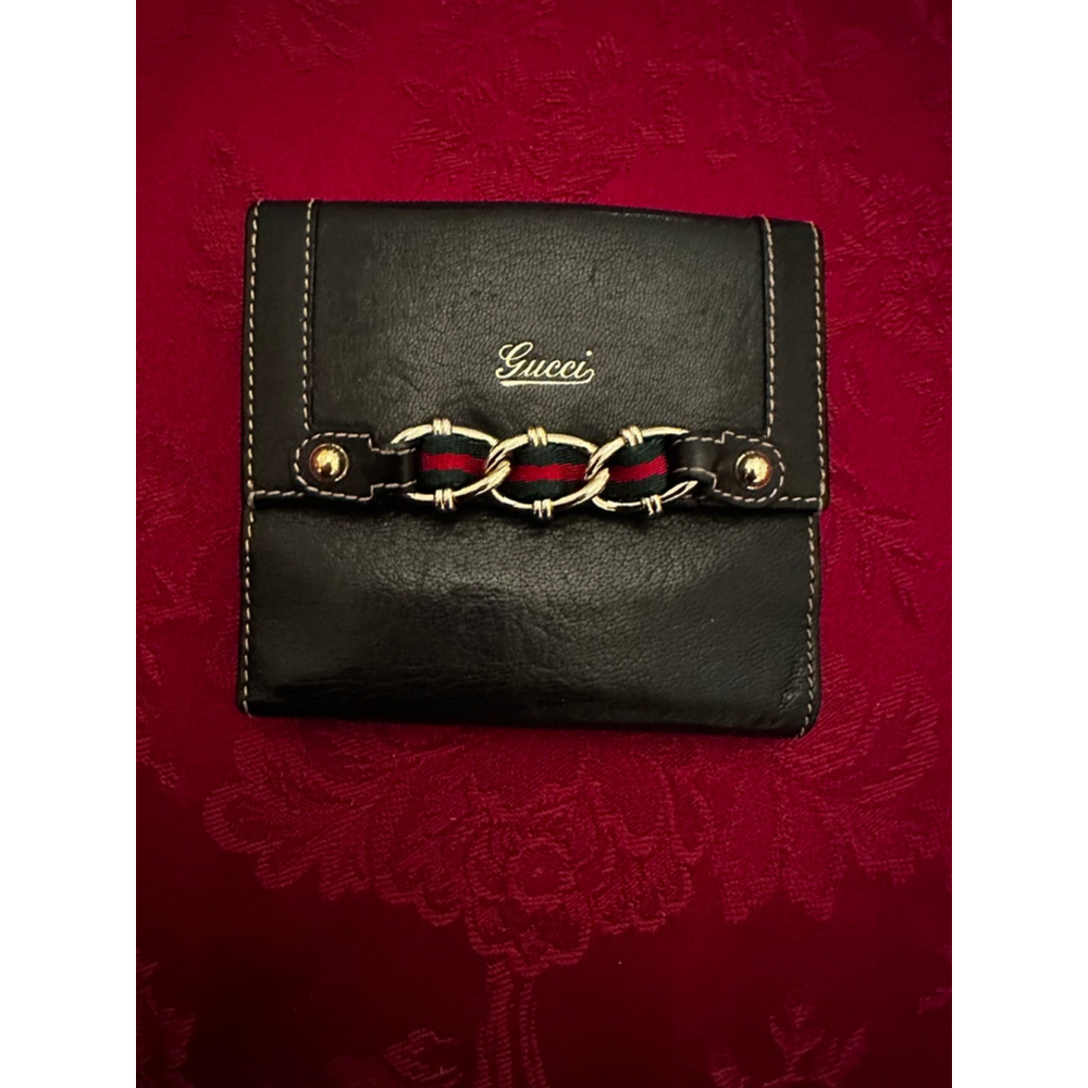 Gucci Black Leather Wallet with Sherry Line Red and Green Ribbon Stripe Chain - Picture 2 of 10